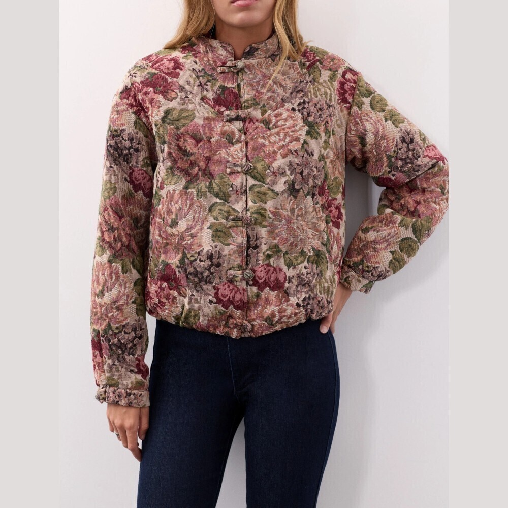 Cream Pink Floral Tapestry Frog Button Stand Collar Cropped Jacket